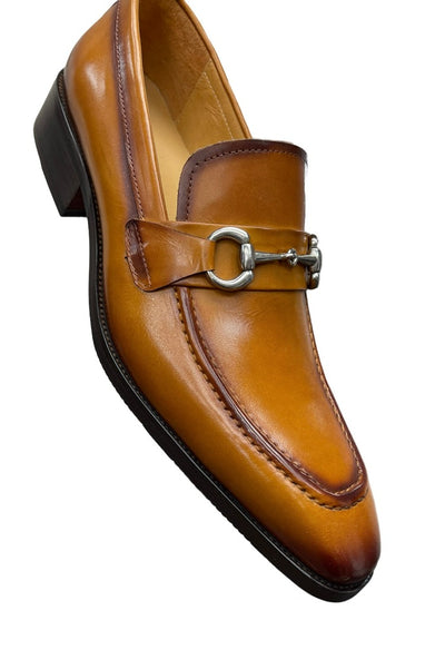 Carrucci cognac Leather Men's Slip On Dress Shoes Silver Buckle - Design Menswear