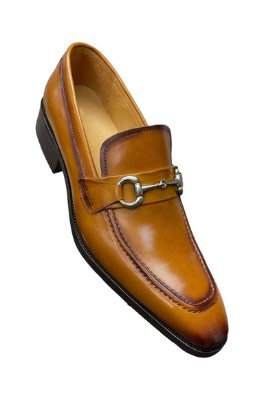 Carrucci cognac Leather Men's Slip On Dress Shoes Silver Buckle - Design Menswear
