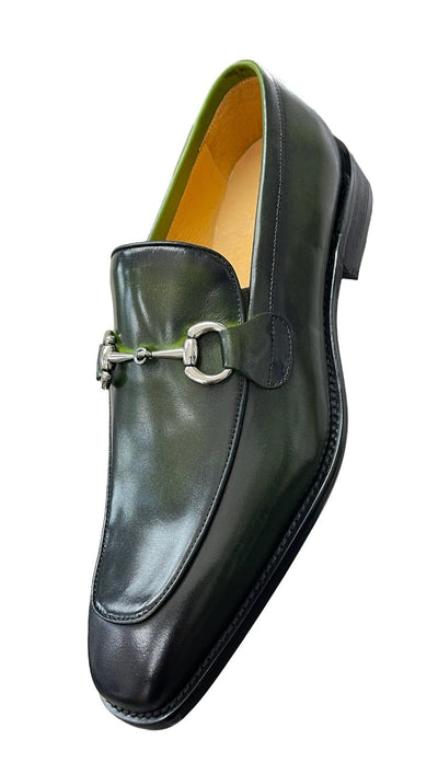 Carrucci Olive Genuine Leather Men's Slip On Dress Shoes Silver Buckle - Design Menswear
