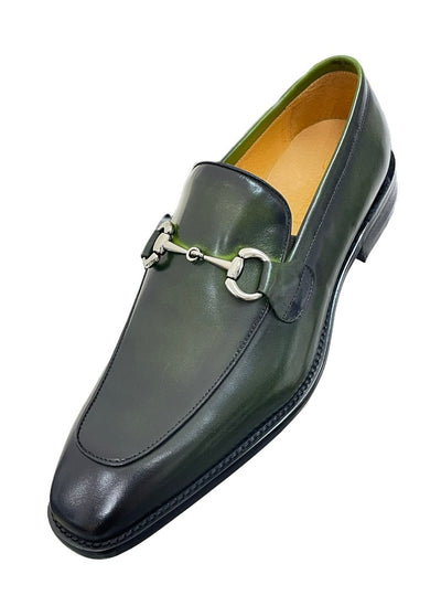 Carrucci Olive Genuine Leather Men's Slip On Dress Shoes Silver Buckle - Design Menswear