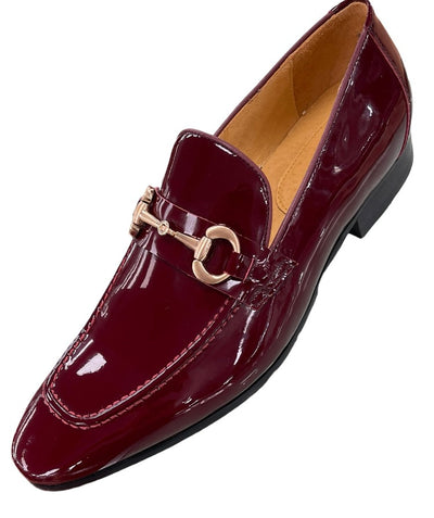 Carrucci Burgundy Shiny Patent Leather Men's Slip On Dress Shoes Gold Buckle - Design Menswear