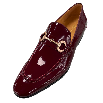 Carrucci Burgundy Shiny Patent Leather Men's Slip On Dress Shoes Gold Buckle - Design Menswear