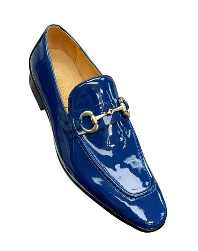 Carrucci Blue Shiny Patent Leather Men's Slip On Dress Shoes Gold Buckle - Design Menswear