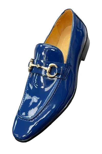 Carrucci Blue Shiny Patent Leather Men's Slip On Dress Shoes Gold Buckle - Design Menswear