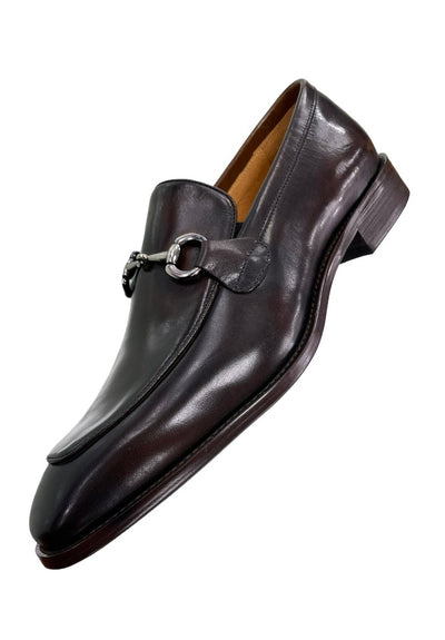 Carrucci Brown Leather Men's Slip On Dress Shoes Silver Buckle - Design Menswear