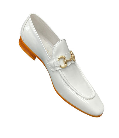 Carrucci White Shiny Patent Leather Men's Slip On Dress Shoes Gold Buckle - Design Menswear