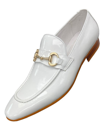Carrucci White Shiny Patent Leather Men's Slip On Dress Shoes Gold Buckle - Design Menswear