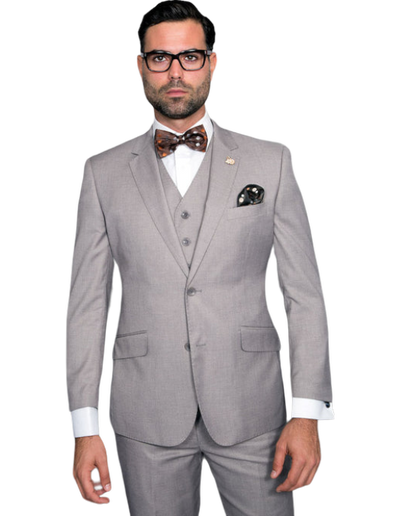 Statement Men's Wool Sliver Gray Tailored Fit Vested - Design Menswear