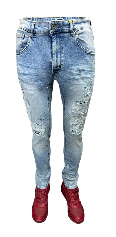 M.Society Men's Light Blue Ripped Jeans With Stars SLIM-Fit - Design Menswear