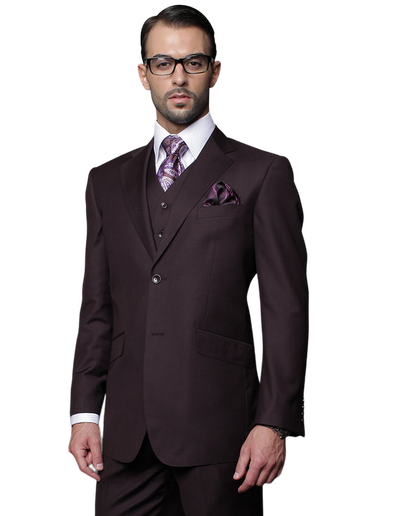 Statement Plum 3pc Men's Solid Color Vested Suit 100% Wool - Design Menswear