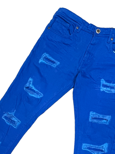 Stretch Royal Blue Men's Ripped Slim-Fit Jeans - Design Menswear