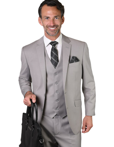 STATEMENT LIGHT GRAY MEN'S TAILORED-FIT 3PC SUIT VESTED 100% WOOL - Design Menswear