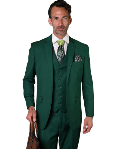 Statement Green Suit Tailored Fit Vested Wool Flat Front Pants - Design Menswear