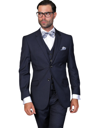 Statement Men's Navy Tailored Fit 3pc Suit Vested 100% Wool - Design Menswear