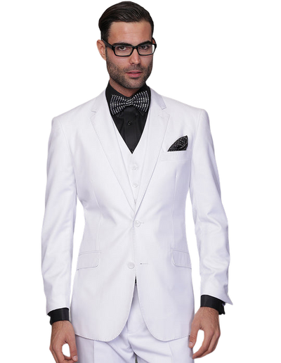 Statement White Tailored Fit Wool Suit Vested Flat Front Pants - Design Menswear
