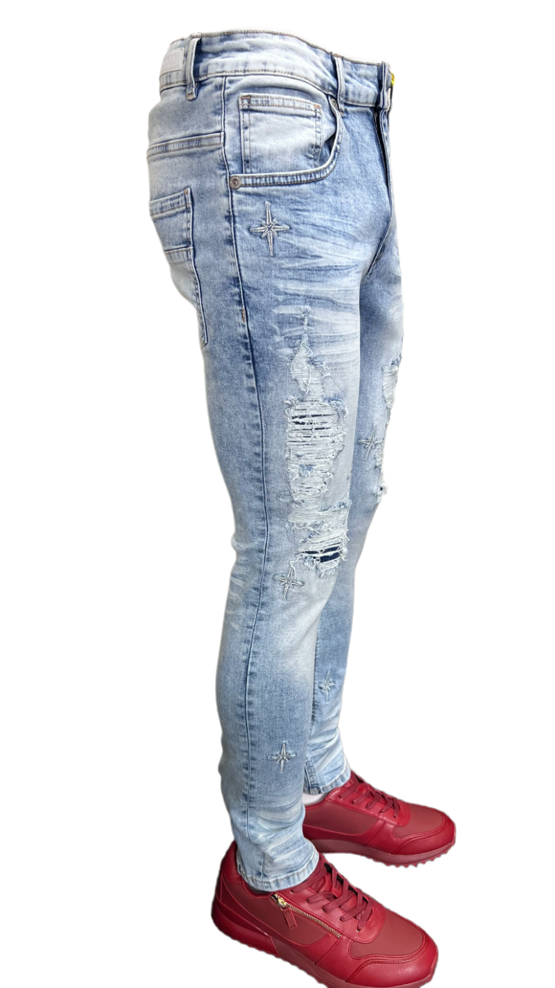 M.Society Men's Light Blue Ripped Jeans With Stars SLIMFit Design