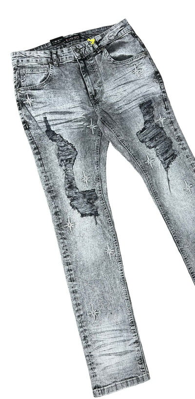 M.Society Men's Gray Ripped Jeans Stars Fashion Style Slim-Fit - Design Menswear