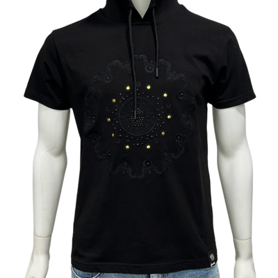 Black Short Sleeves Men's Graphic Hoodies With Metal Printed - Design Menswear