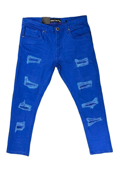 Stretch Royal Blue Men's Ripped Slim-Fit Jeans - Design Menswear