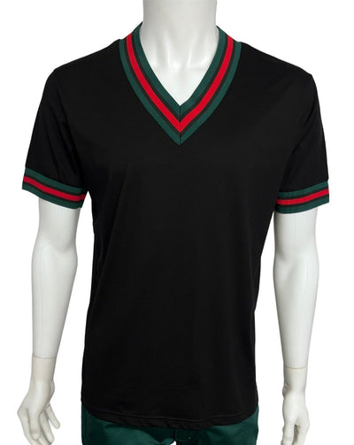 Premium Clothing Black Men's V-Neck T-shirt Red & Green Trim Short Sleeves - Design Menswear
