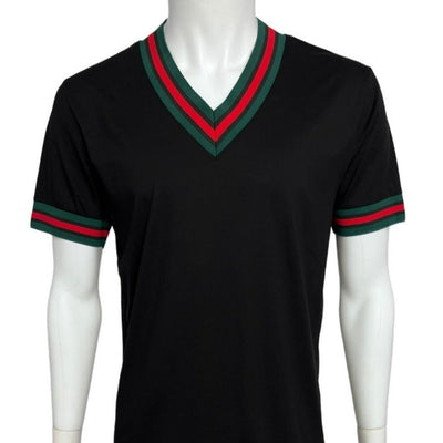 Premium Clothing Black Men's V-Neck T-shirt Red & Green Trim Short Sleeves - Design Menswear