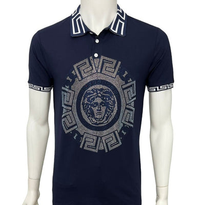 Men's Blue Polo printed pattern in solid color Greek Key With Stone Short sleeve T-shirt - Design Menswear