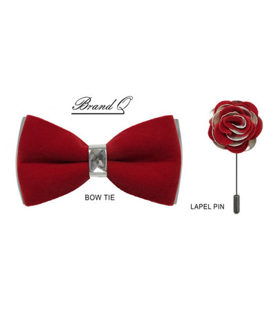 Men's Red Velvet and Sliver Leather Fashion Bowties Hanky and Flowers - Design Menswear