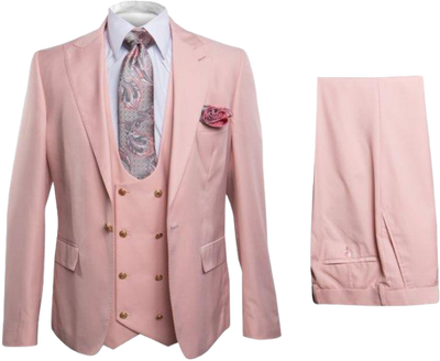 Rossi Man Pink Men's Slim Fit Suit Double Brest Vest Flat Front Pants - Design Menswear