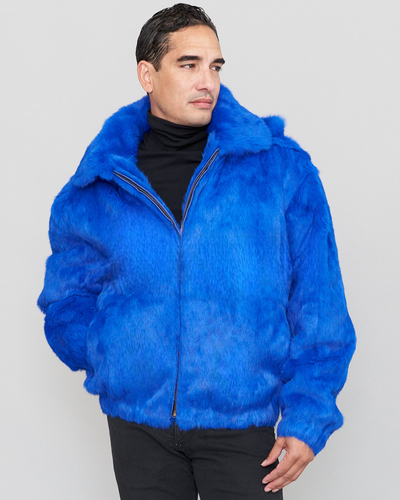 Royal Blue Winter Fur Men's Fur Coat Genuine Rabbit Fur Detachable Hoodies - Design Menswear