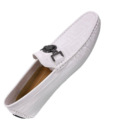 Men's White Slip On Loafer With Black Buckle Printed Leather - Design Menswear