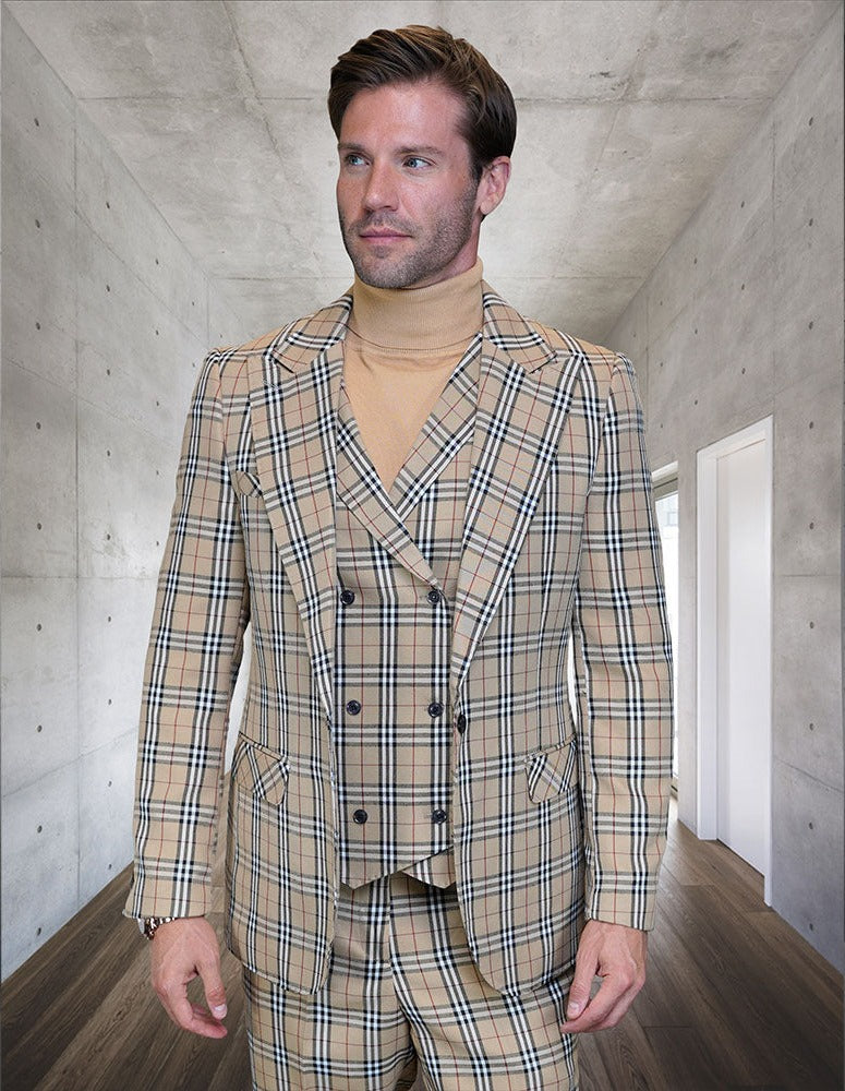 Burberry style plaid statement suit vested flat front pants super150&