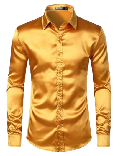 Gold Men's Shiny Satin Silk Dress Shirt Long Sleeve Casual Slim Fit