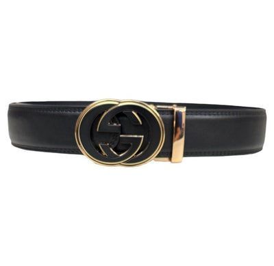 Black Men's Belt Leathers Slide Ratchet Genuine Leather Gold Buckle