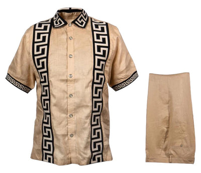 Prestige Men's Short sleeve beige and black greek key linen outfit men's casual walking suit