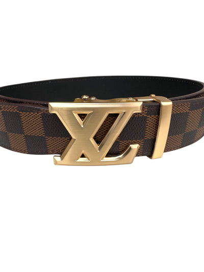 Men's Brown Plaid Printed Luxury Belt Genuine Leather Gold Buckle