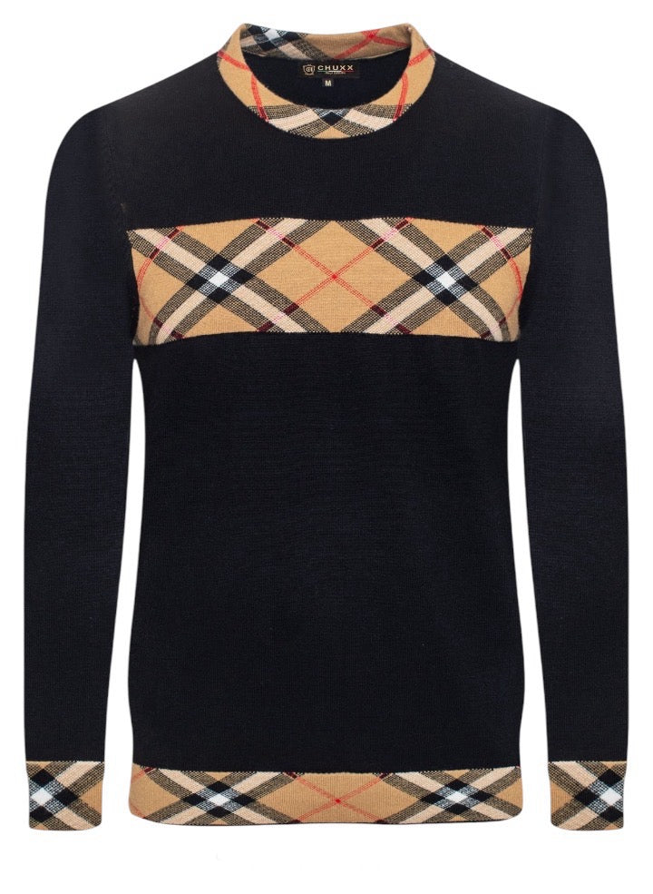 Black Crewneck Sweater Plaid Design Men&