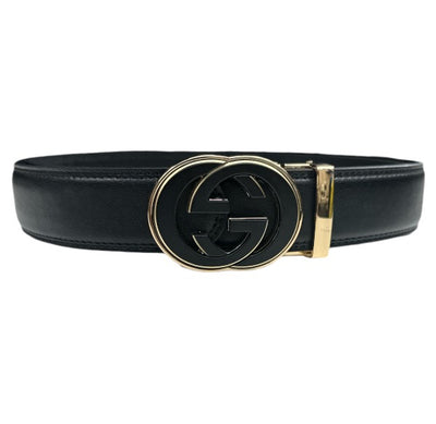 Black Men's Belt Leathers Slide Ratchet Genuine Leather Gold Buckle