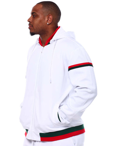 Premium GG Men's White Jogging Set with Hoodie Jacket Red and Green Strip