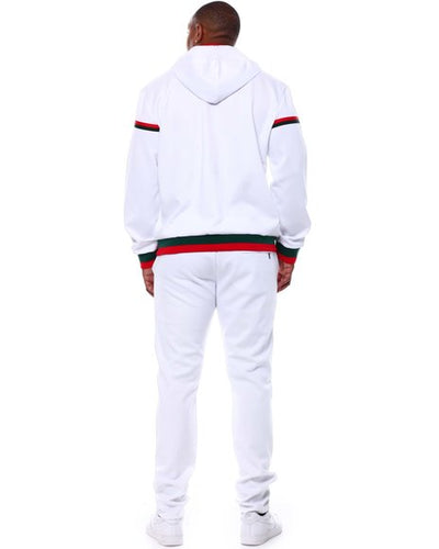 Premium GG Men's White Jogging Set with Hoodie Jacket Red and Green Strip