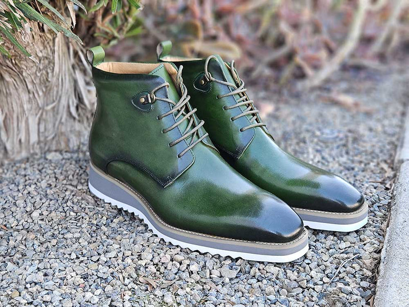 Carrucci Olive Green Burnished Calfskin Lace-Up Men&