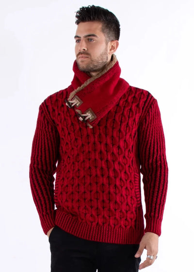 Red Pullover Men's Sweater Shawl Collar and Faux Leather Buttons