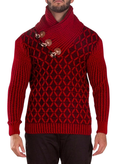 Red Pullover Men's Sweater Shawl Collar and Faux Leather Buttons