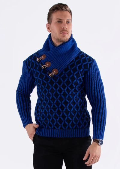 Men's Royal Blue Pullover Sweater Clasp Shawl Collar High-Neck Sweater