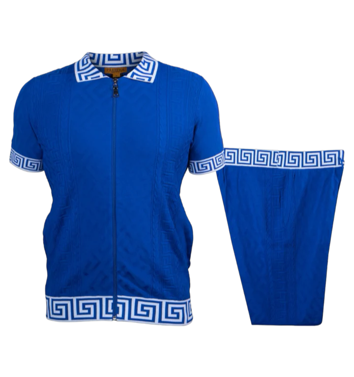 Prestige Royal Blue Full Zipper Shirt & Short Set Greek Key Luxury Style