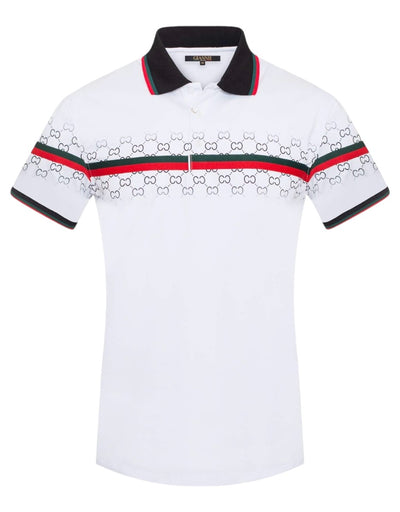 Men's White GG Printed Polo T-shirt Red and Green Trims Slim-Fit Style-3305