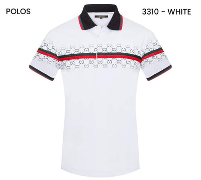 Men's White GG Printed Polo T-shirt Red and Green Trims Slim-Fit Style-3305