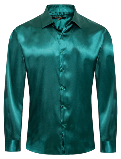Men's Green Shiny Satin Silk Dress Shirt Long Sleeve Casual Slim Fit