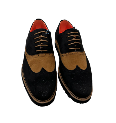 Black and cognac suede towtone wingtip men's casual shoes