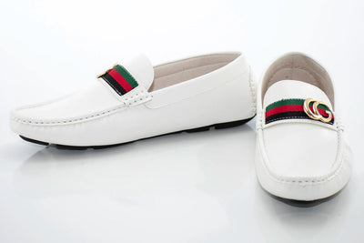 Royal shoes men's white loafer slip-on driver red and green strip with gold buckle