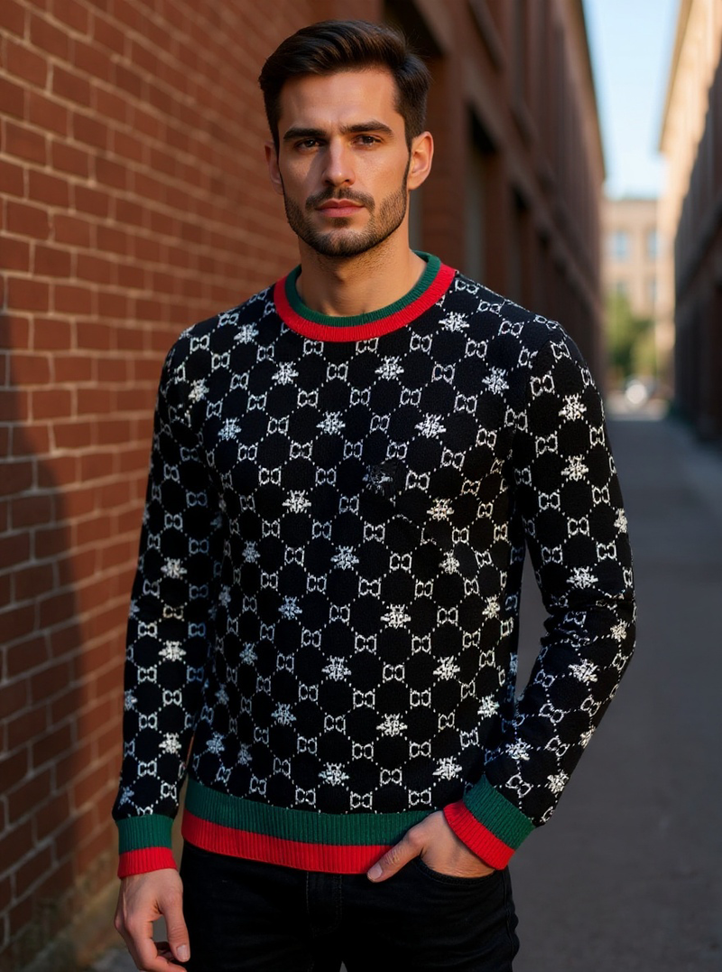 Black Italian Luxury Design Sweater Red-Green Stripes Regular-Fit Style No: SW-141